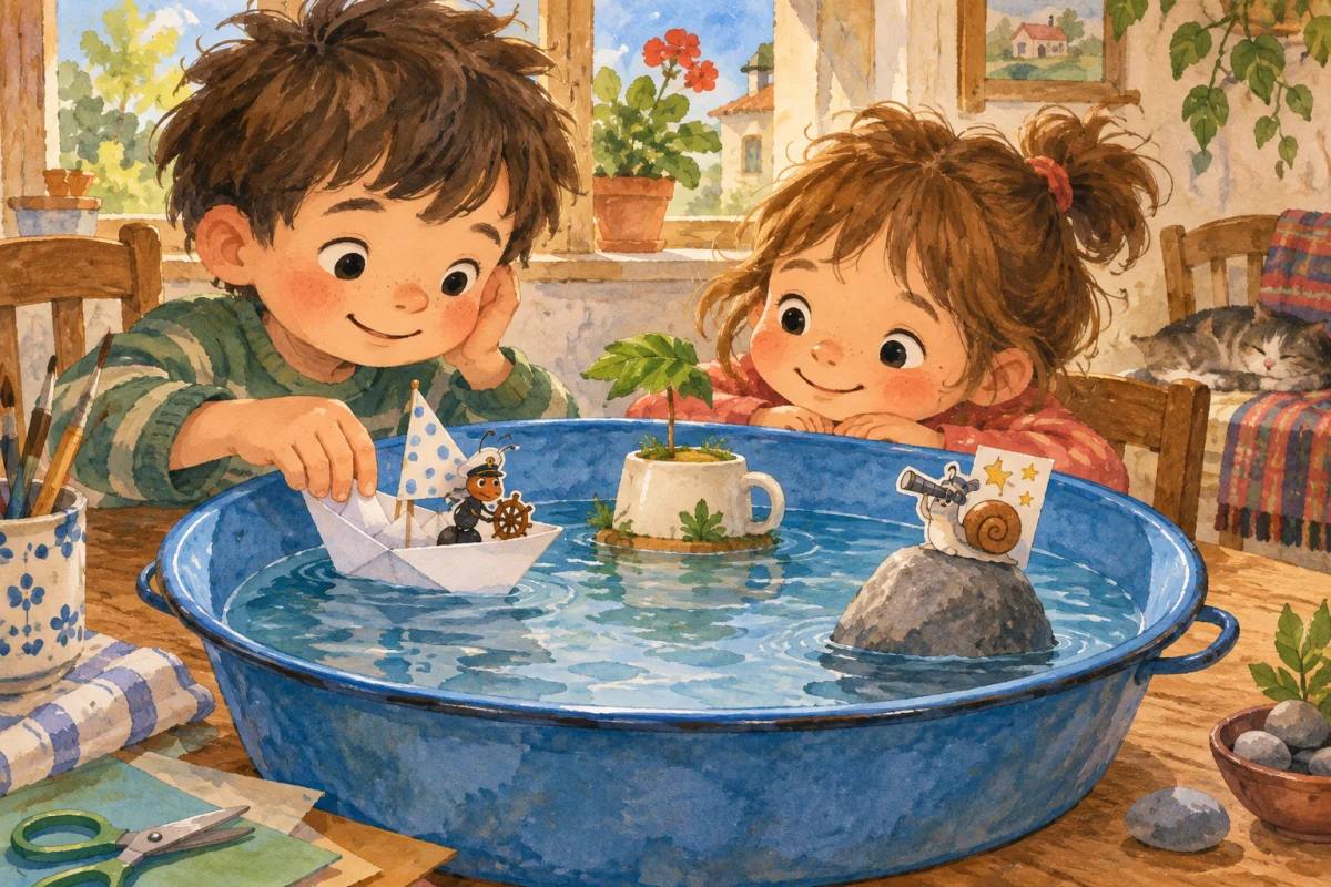 Dos hermanos inventan un viaje con un barco de papel.