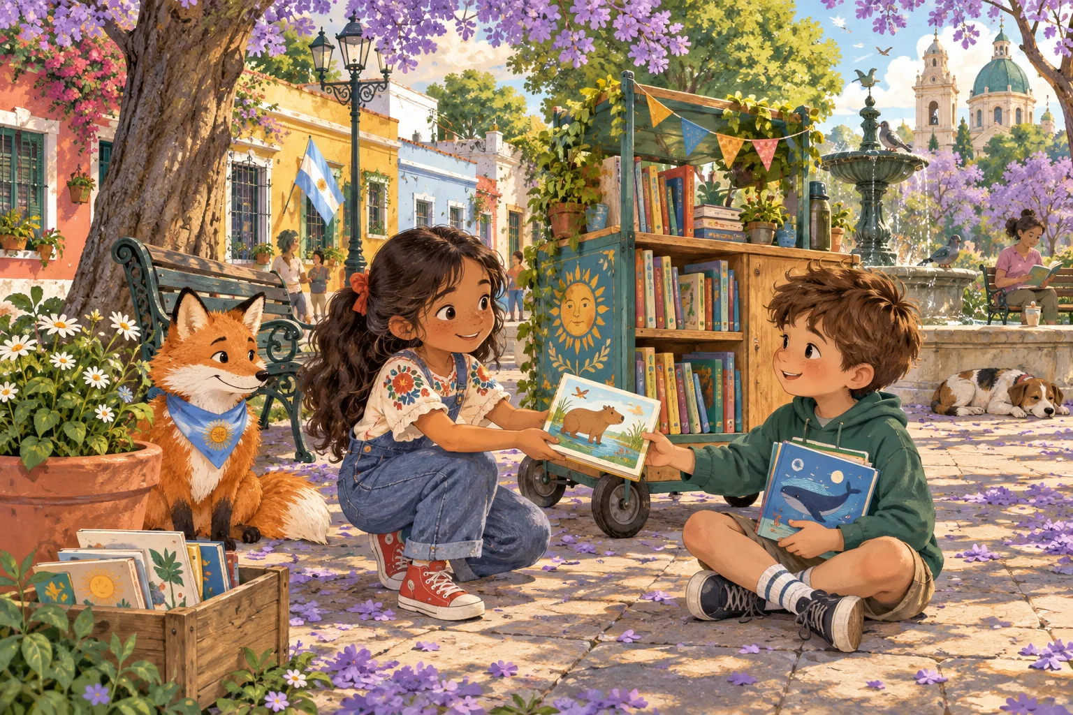 Chicos comparten libros en una plaza con flores de jacarandá.