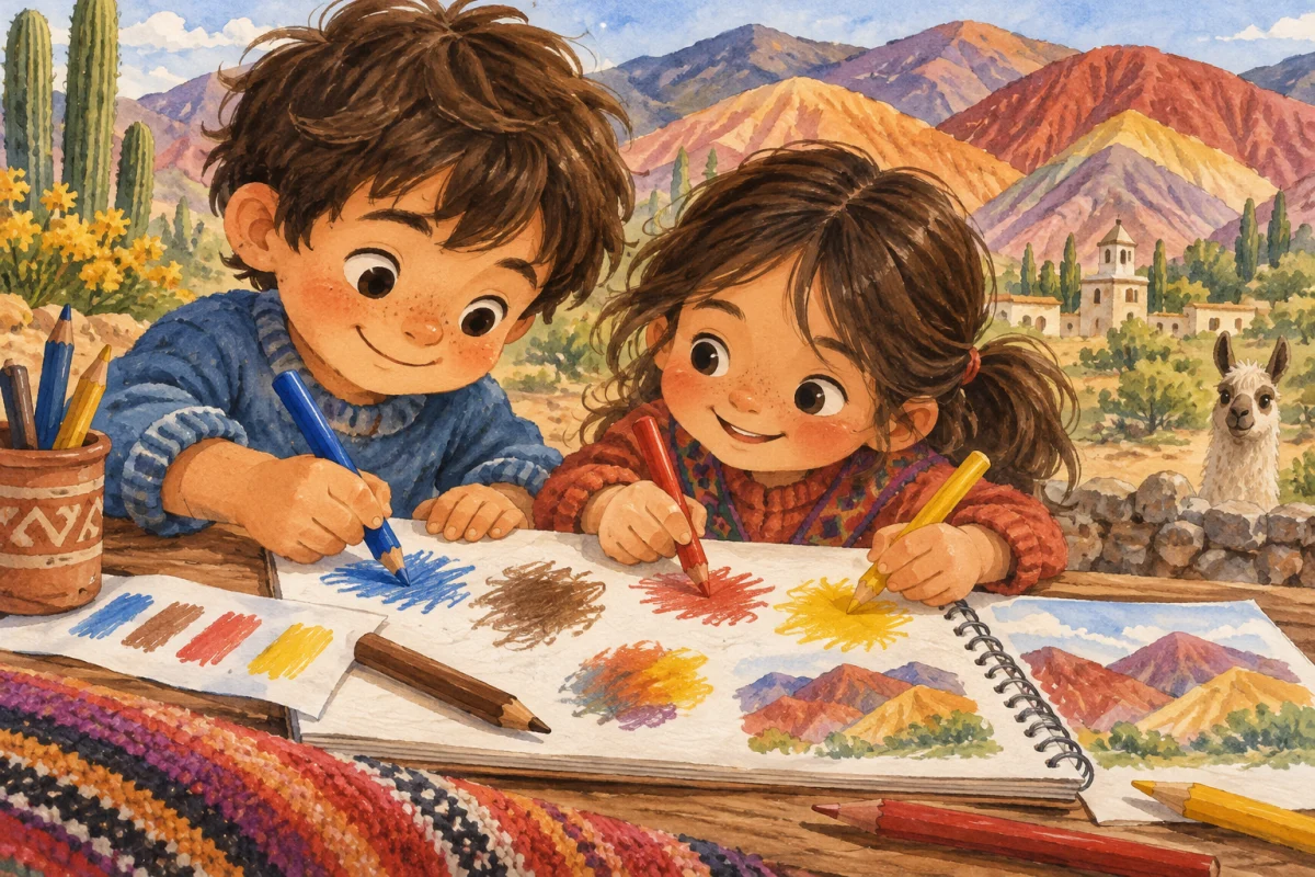 Dante y su hermana prueban mezclas de colores para dibujar los cerros.