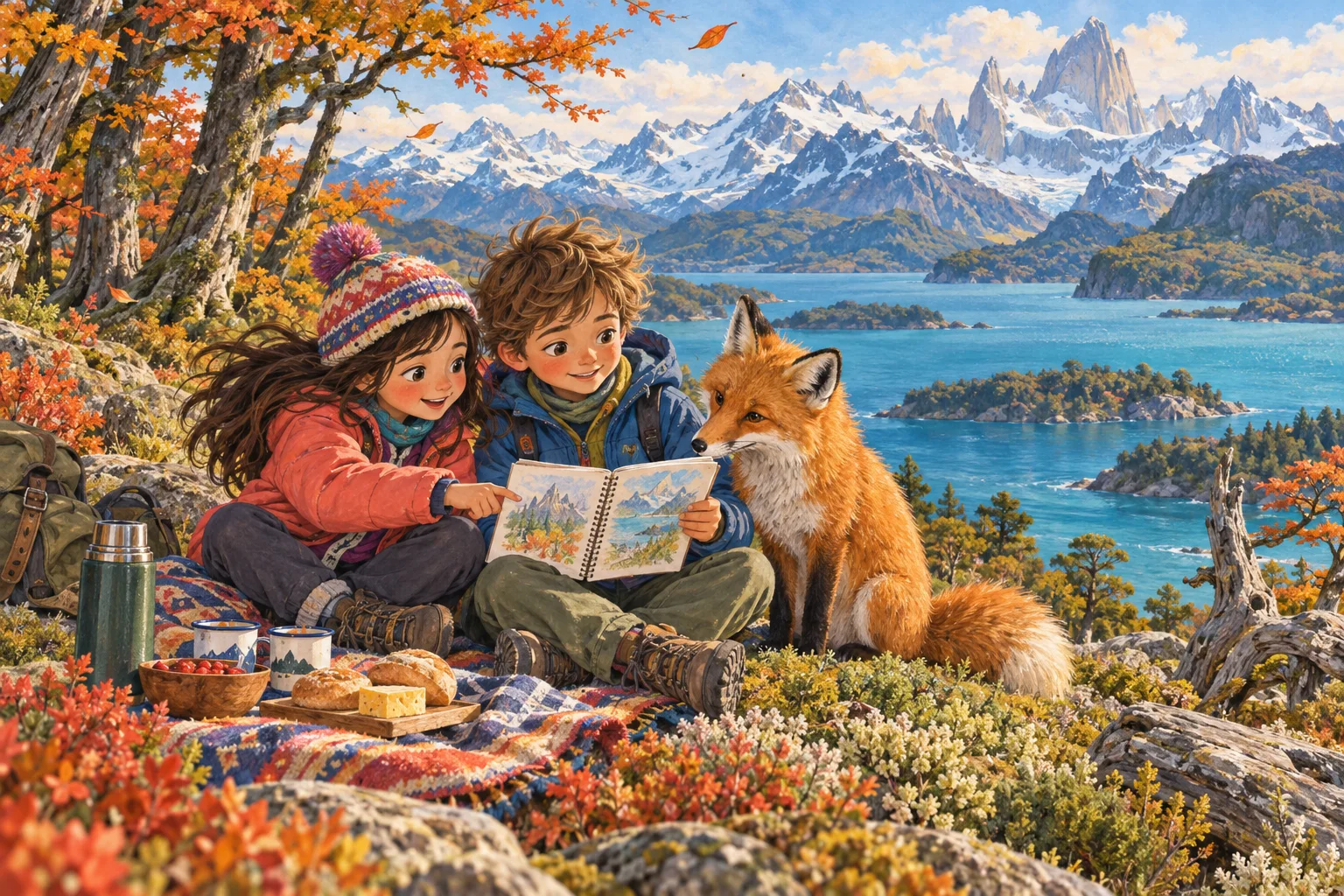 Chicos abrigados con un cuaderno frente a un lago y montañas patagónicas.