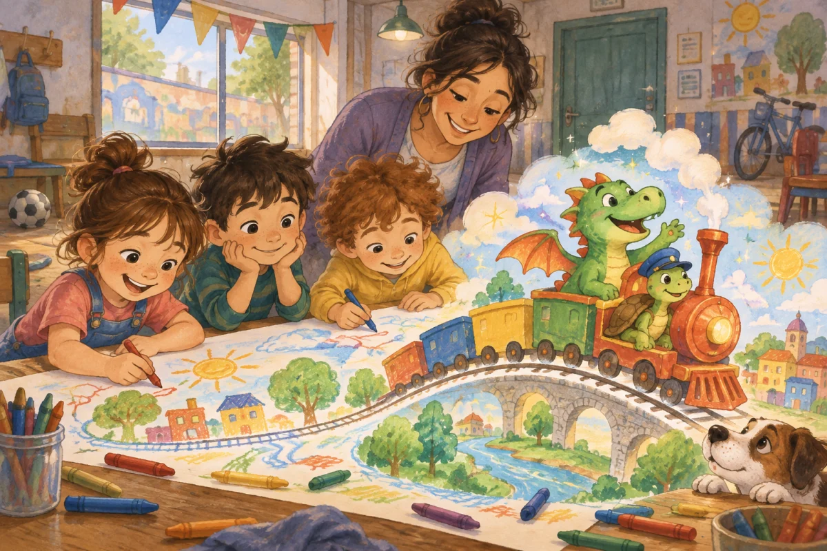 Un grupo inventa una aventura con un dragón, un tren y una tortuga.