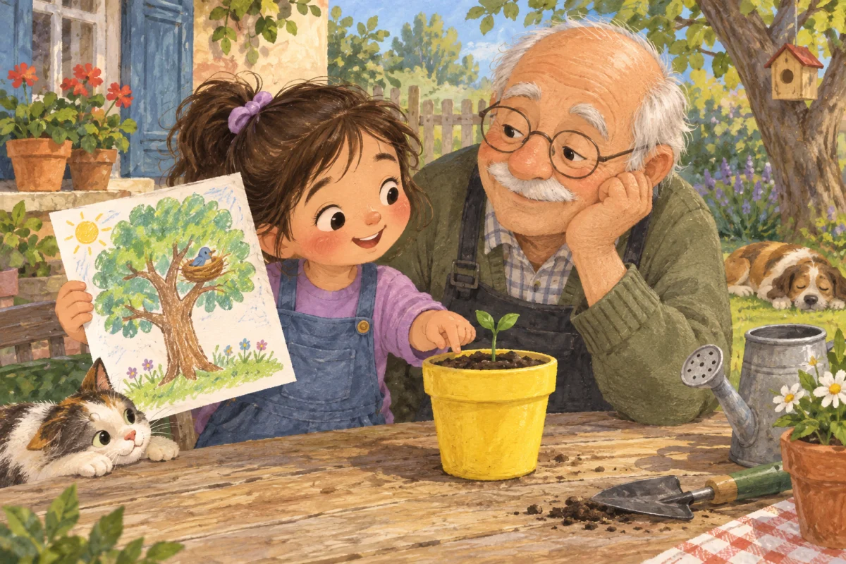 Una niña y su abuelo observan una planta pequeña.