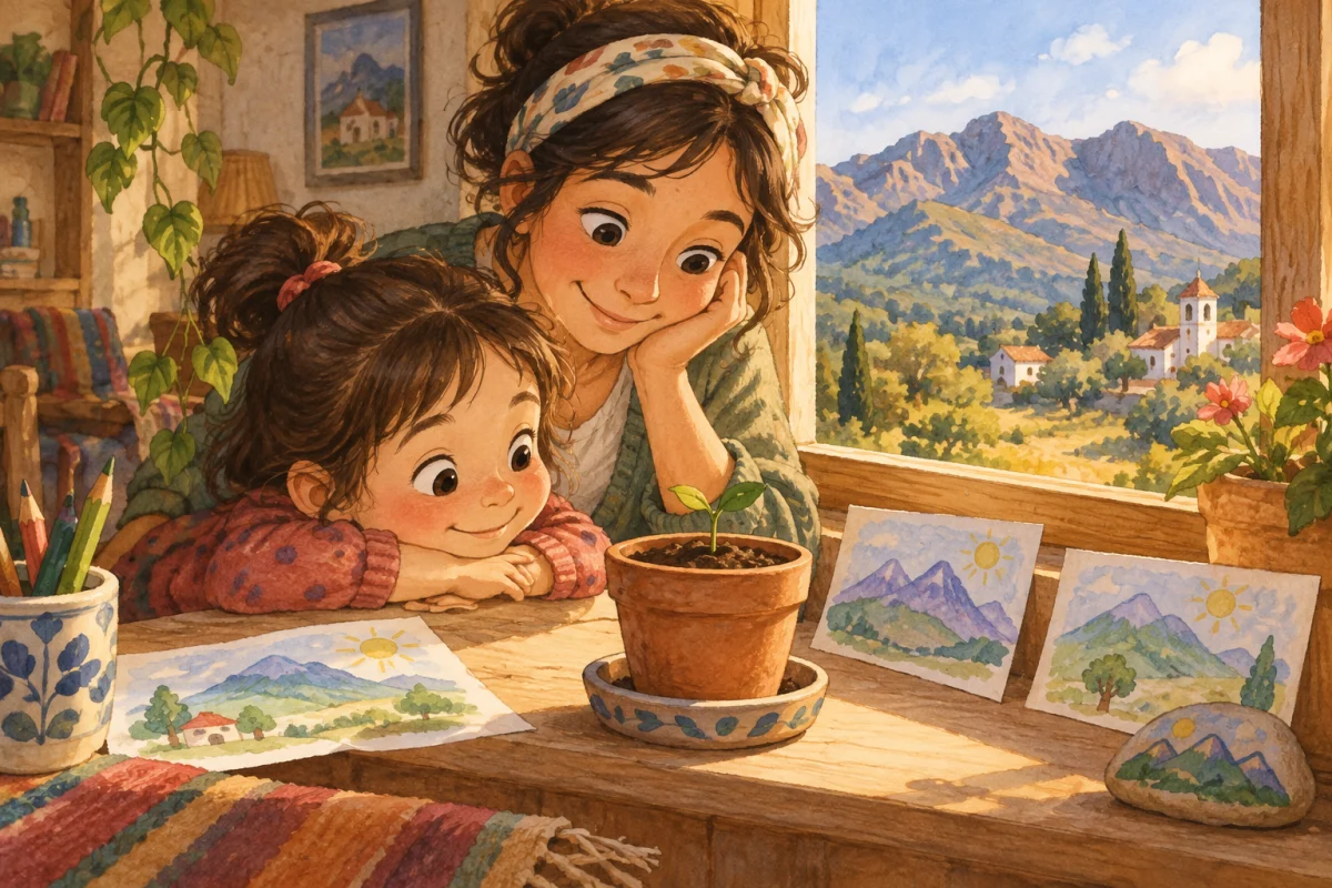 Luz y su tía cuidan un brote en la ventana con las sierras al fondo.