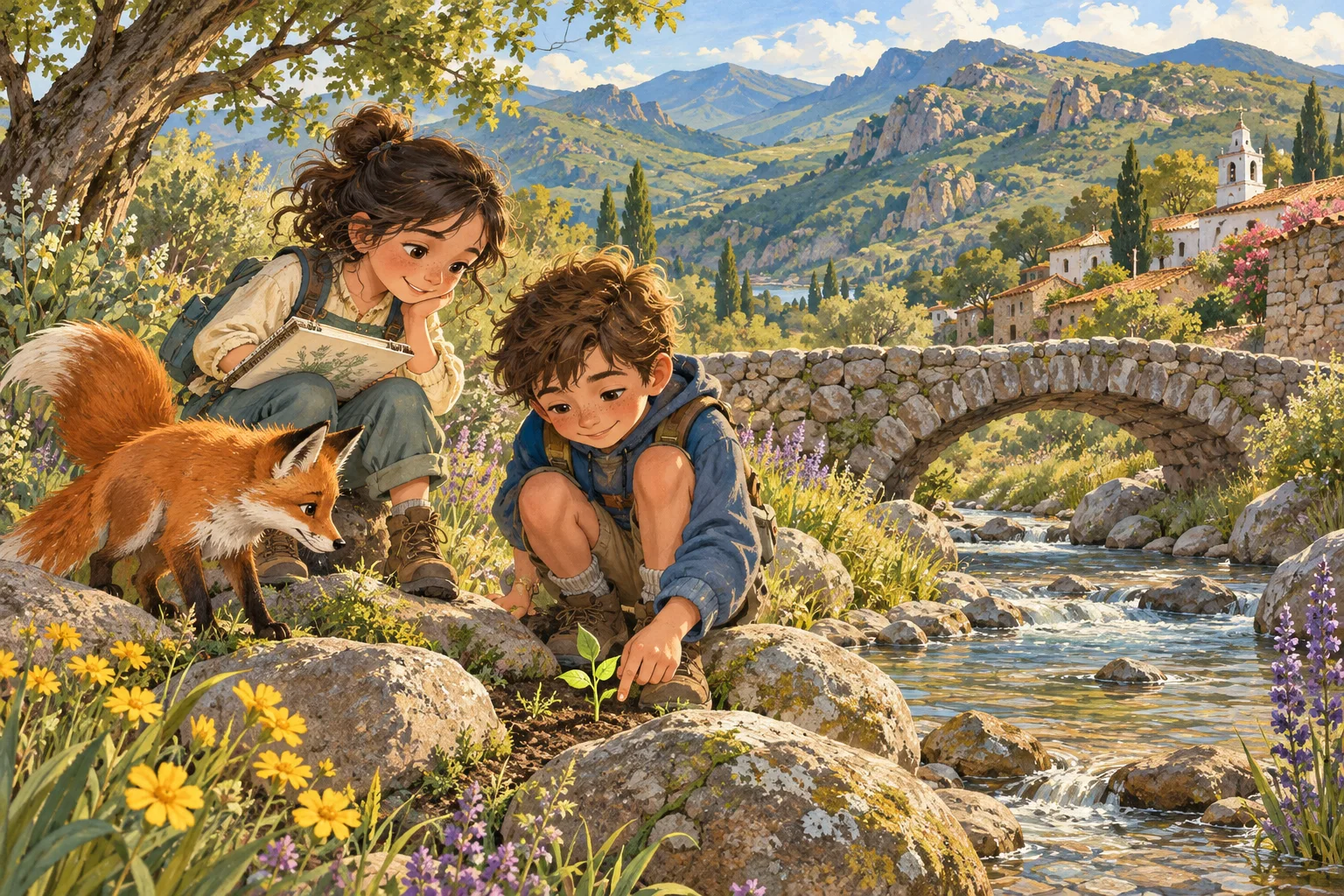Chicos con un cuaderno junto a un puente de piedra entre sierras verdes.