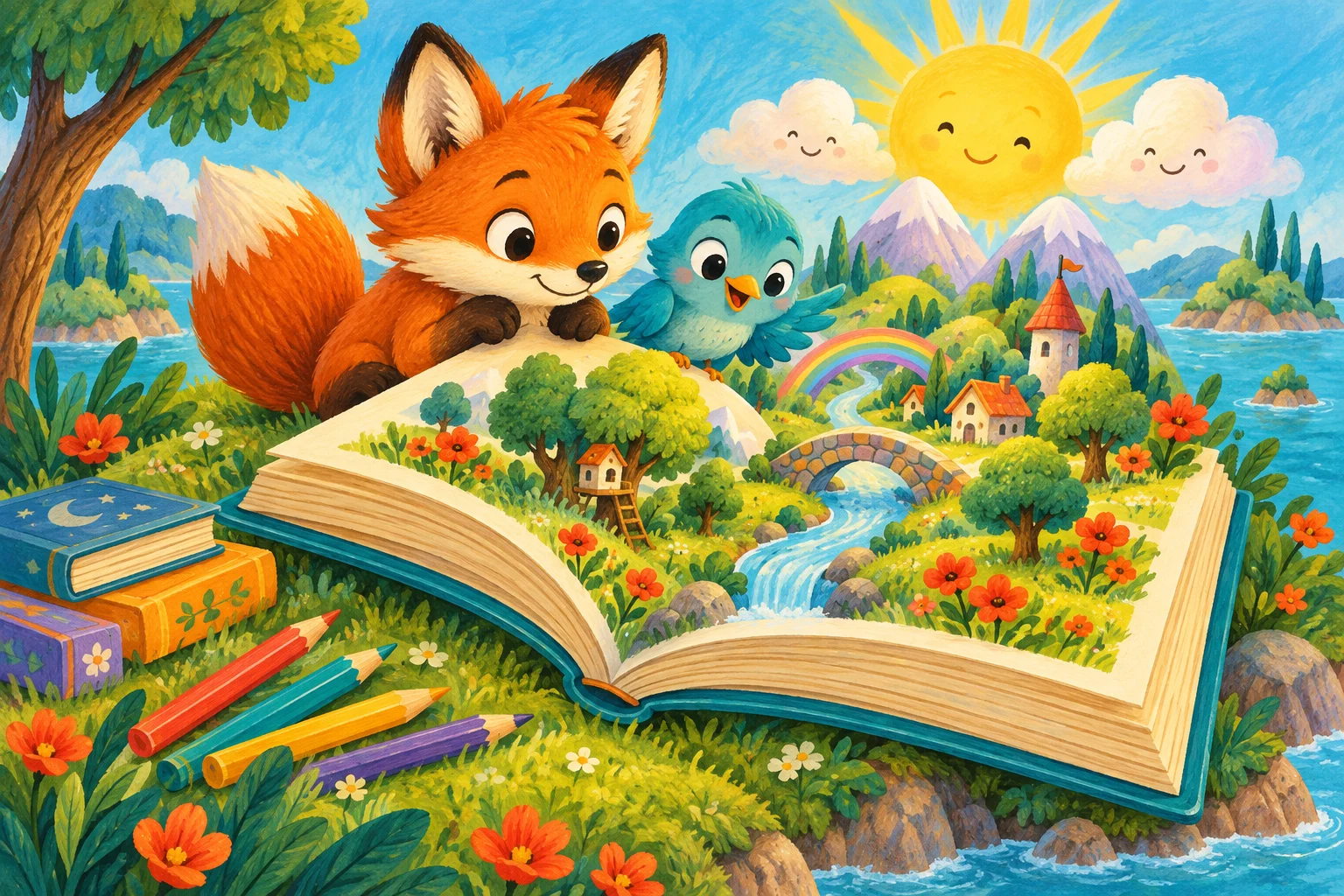 Un zorro y un pajarito descubren un mundo de colores que nace de un libro abierto.