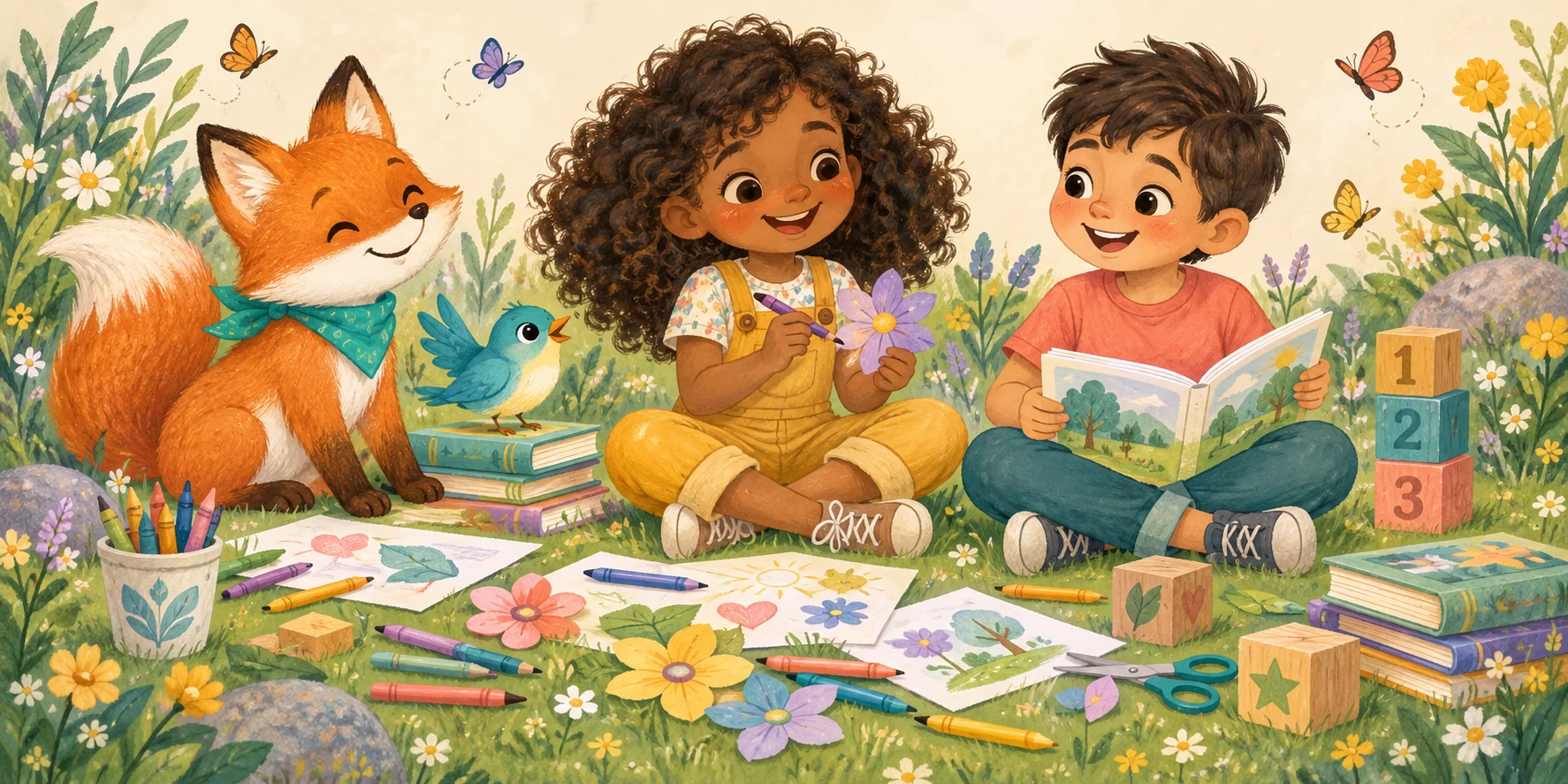 Un zorro con bufanda, una niña con lápices, un niño con un libro y un pajarito crean juntos en el jardín.